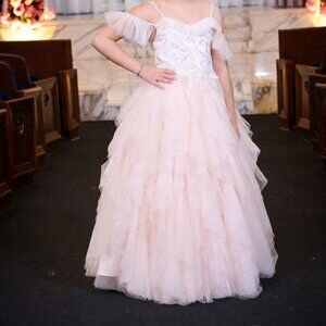Custom Light Pink Off-Shoulder Tulle Ball Gown w/ Lace & Beaded Girls Size 14/16
